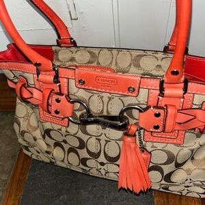 Coach Tan and Red Signature Shoulder Bag